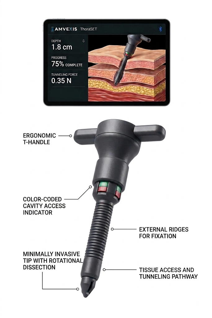 ThoraSET tablet display with real-time depth, progress and tunneling-force readout, and the ThoraSET device with labeled features